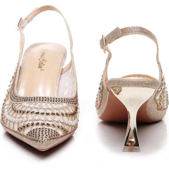 Women's Gold Slingback Pumps Polyurethane Rubber Sole 2-inch Heel - Picture 4 of 5